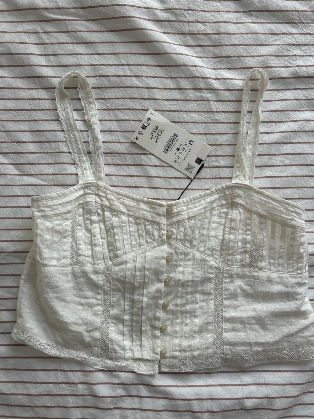 Zara White Lace-Trim Button Front Cropped Tank